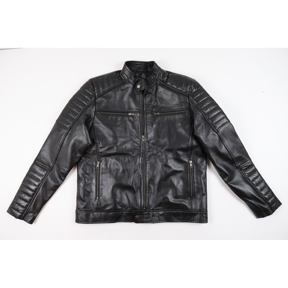 NYC Leather Cafe Racer Moto Jacket Black Quilted Padded Medium Leather